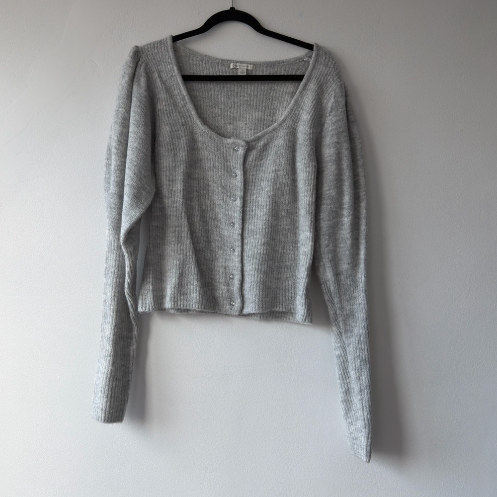 Cato Gray‎ Ribbed Knit Puff Sleeve Cardigan Rhinestone Button Scoop Neck Large